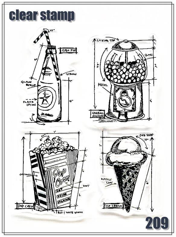 【No.209】 クリアスタンプ シリコンスタンプ お菓子 アイス ポップコーン スケッチ