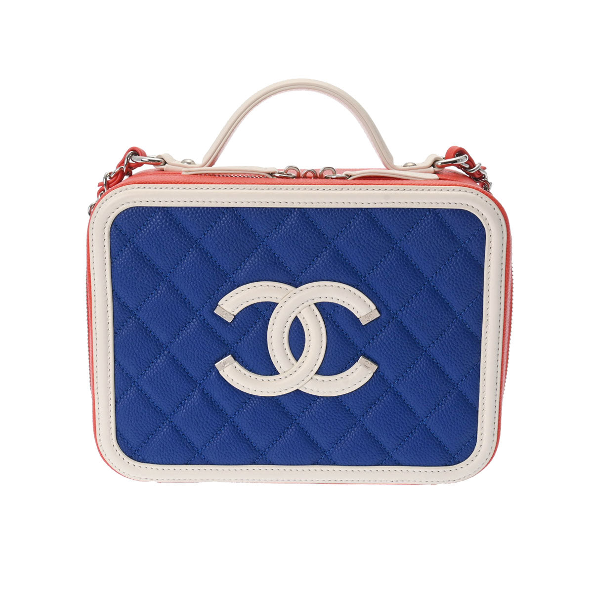 CHANEL シャネル CCフィグリー スモールバニティ 青/オレンジ/白 シルバー金具 レディース キャビアスキン ショルダーバッグ Aランク 中古 