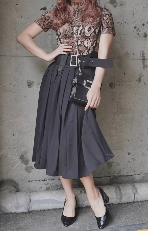 Pleats Flare Jumper Skirt *with Belt (black) ロングスカート ブラック 黒