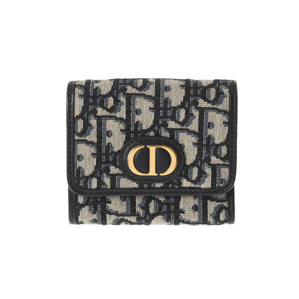 CHRISTIAN DIOR クリスチャンディオール  ロータスウォレット オブリーク ネイビー ゴールド金具 レディース ジャガード 三つ折り財布 未使用 