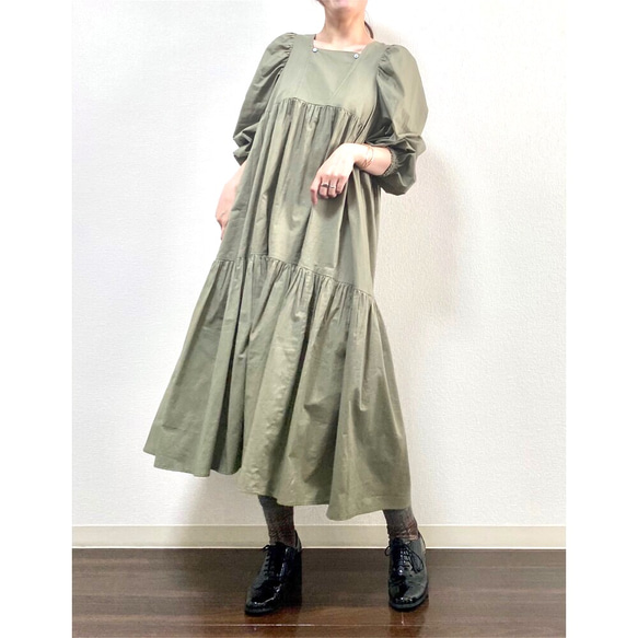 Ballon Sleeves Cotton Dress Olive