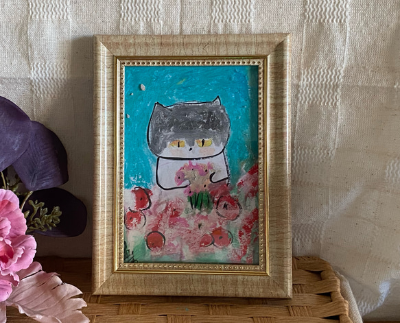 絵画。原画手描き【美しい花の海の中のかわいい猫】