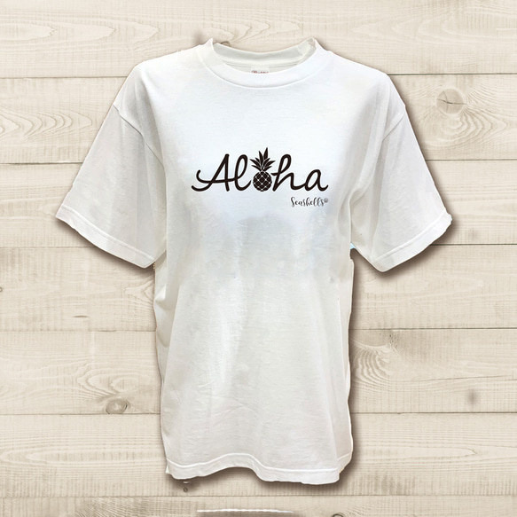 ハワイアンデザインTシャツ ハワイの挨拶ALOHA アロハ パイナップルの絵 ノースショア ハワイ 半袖カットソー