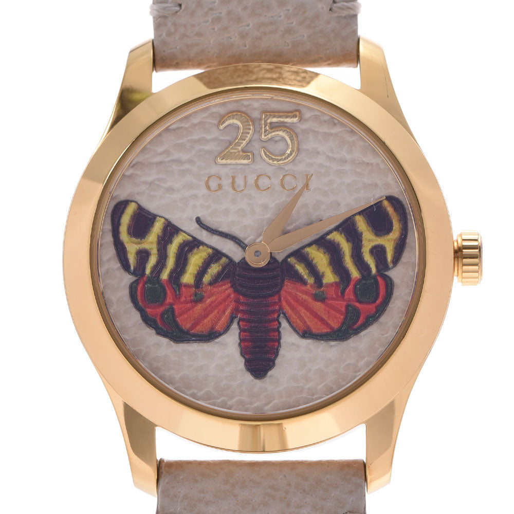 GUCCI グッチ Gタイムレス 蝶 126.4 メンズ GP/革 腕時計 クオーツ アイボリー系文字盤 ABランク 中古 