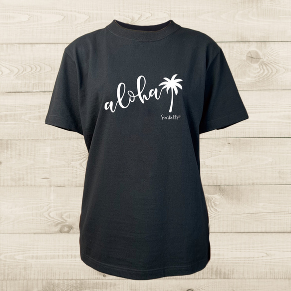 ハワイアンデザインTシャツ ハワイの挨拶ALOHA アロハ ヤシの木のイラスト ノースショア ハワイ 半袖カットソー