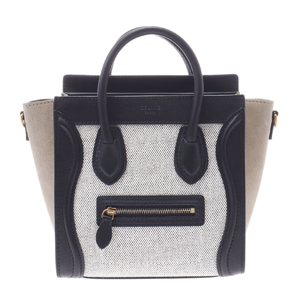 CELINE セリーヌ ラゲージ ナノショッパー 2WAY 黒/グレー レディース カーフ/キャンバス ハンドバッグ Aランク 中古 