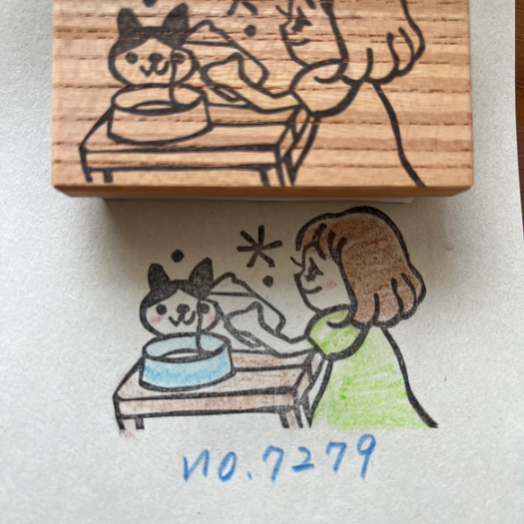 スタンプ　No. 7279ミルクをくむ女の子と猫