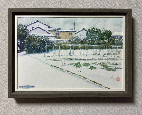 水彩アート「初雪」手描き原画、1点物。送料無料。