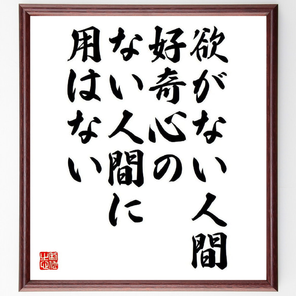 名言「欲がない人間、好奇心のない人間に用はない」額付き書道色紙／受注後直筆（V6583）