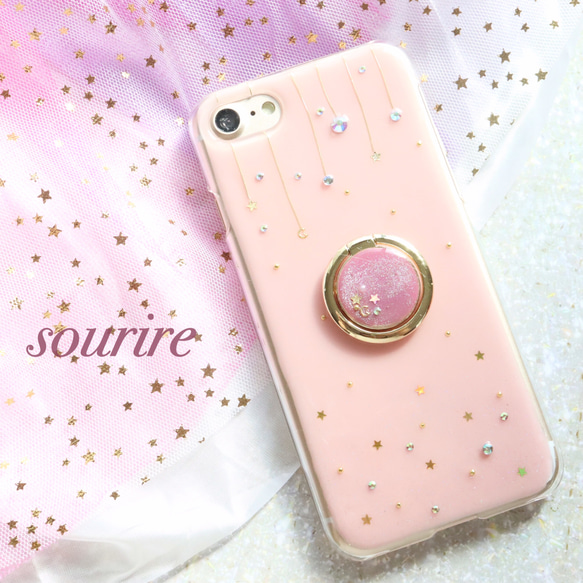 pink starry sky押し花スマホケース iPhoneケース Android Galaxy Xperia クリア