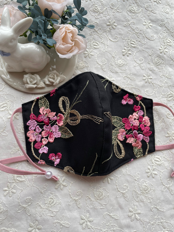 【刺繍レースマスク】人気モチーフ フラワーリボン柄 抗菌加工 3サイズ