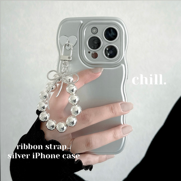 ⑅ribbon strap⑅silver  iPhone case  スマホケース　ストラップ