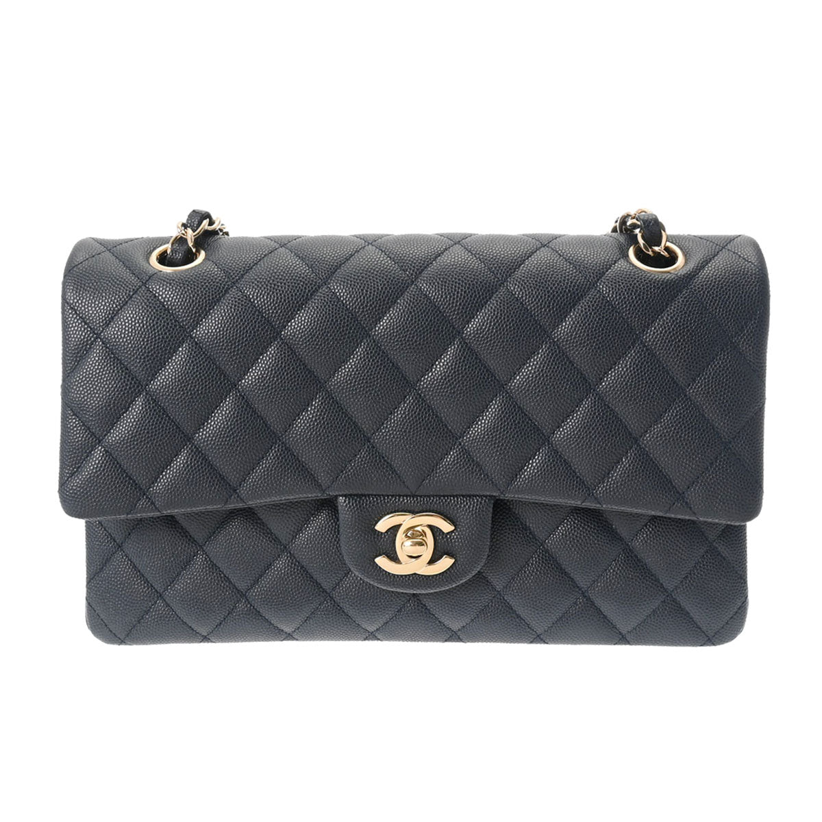 CHANEL シャネル マトラッセ チェーンショルダー 25cm ネイビー ゴールド金具 A01112 レディース キャビアスキン ショルダーバッグ Aランク 中古 