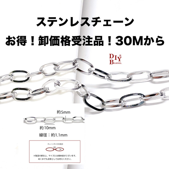 【受注品】【卸価格30M】esco52 約10mm*5mm 線径約1.1mm デザイン 丸小判 ステンレスチェーン