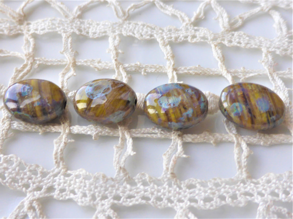 絵画　黄緑青　チェコビーズCzech Glass Beads4個