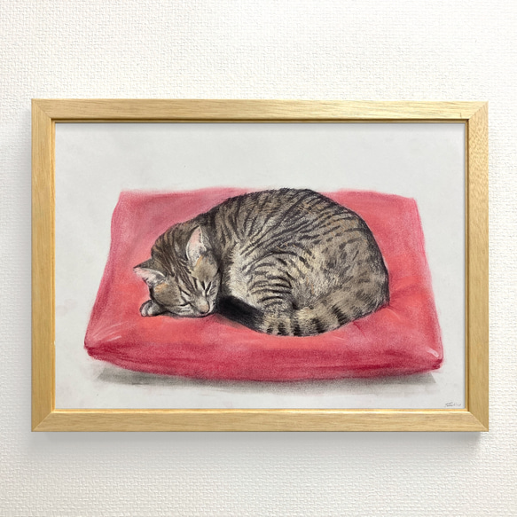 版画「丸まる猫（赤い座布団）」