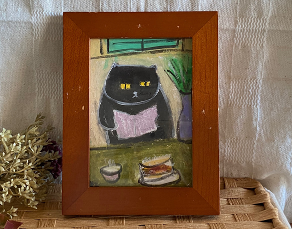 絵画 。原画【黒猫は漫画本を見て、美味しいお菓子を食べるつもりです】