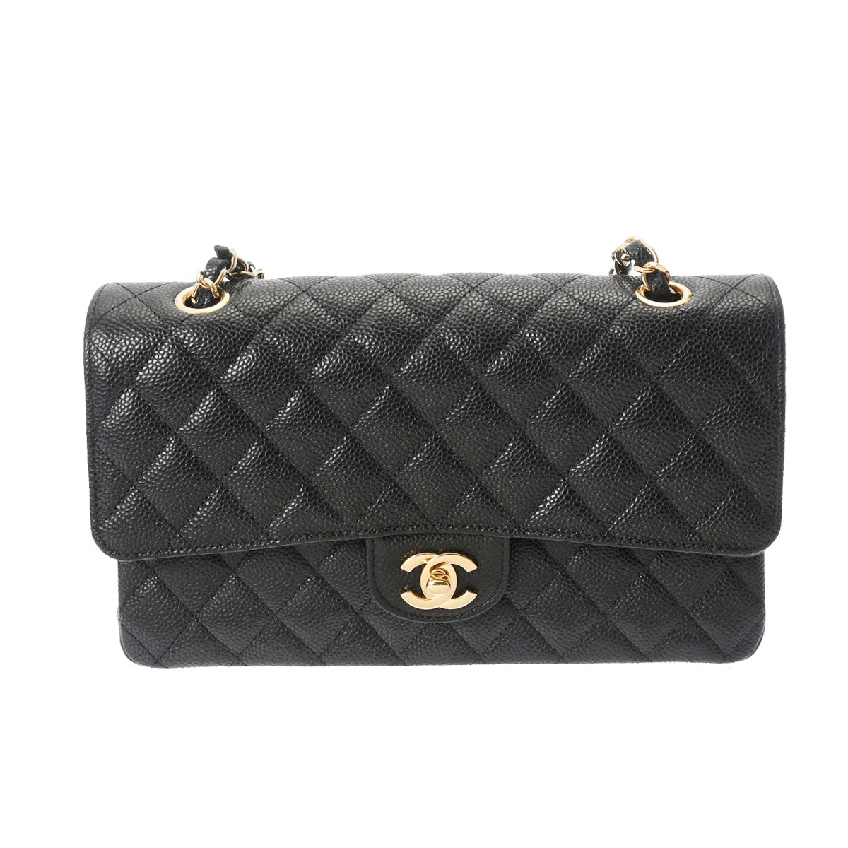 CHANEL シャネル マトラッセ チェーンショルダー 25cm Wフラップ 黒 ゴールド金具 A01112 レディース キャビアスキン ショルダーバッグ 未使用 