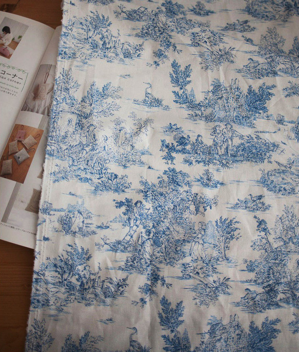 フランス名画風 アンティーク トワルドジュイ ブルー コットンリネン生地 45㎝単位カット Toile Blue