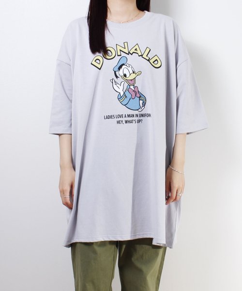 【DISNEY/ディズニー】天竺プリントクルーネック7分袖BIGＴシャツ ミッキーマウス・ミニーマウス・ドナルドダッグ・デイジーダッグ