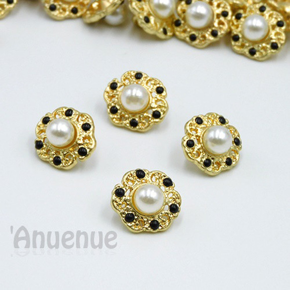 メタルシャンクボタン 13×14mm【 Retro flower / Pearl x gold】4個