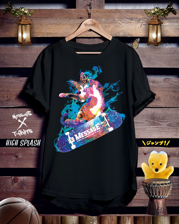 ねこスケートボード黒Tシャツ「HIGH SPLASH」