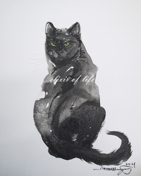 振り向く黒い猫（F2高級水彩画用紙、１９ｃｍ×２４，５ｃｍ墨絵）