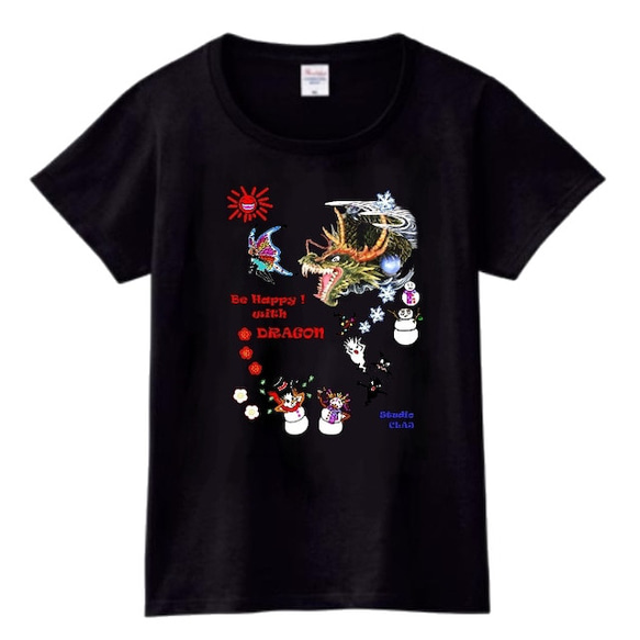 2024ハッピードラゴン黒：プリントスターTシャツ（レディース：黒）