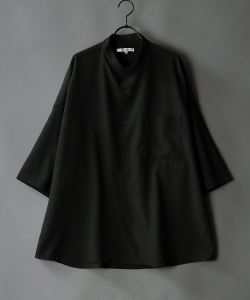 【SITRY】wide silhouette Drape Band Collar shirt/ワイドシルエット ドレープ バンドカラーシャツ メンズ