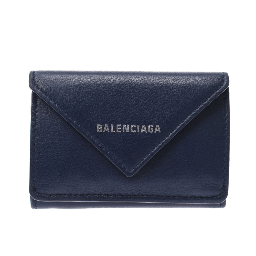 【新年の贈り物】BALENCIAGA バレンシアガ ペーパーミニウォレット 紺 391446 レディース カーフ 三つ折り財布 ABランク 中古 _画像1