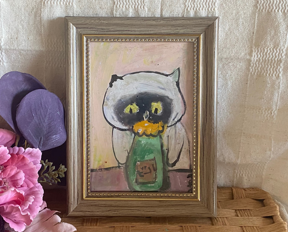 絵画。原画手描き【シャム猫は美味しいビールをコレクションした】