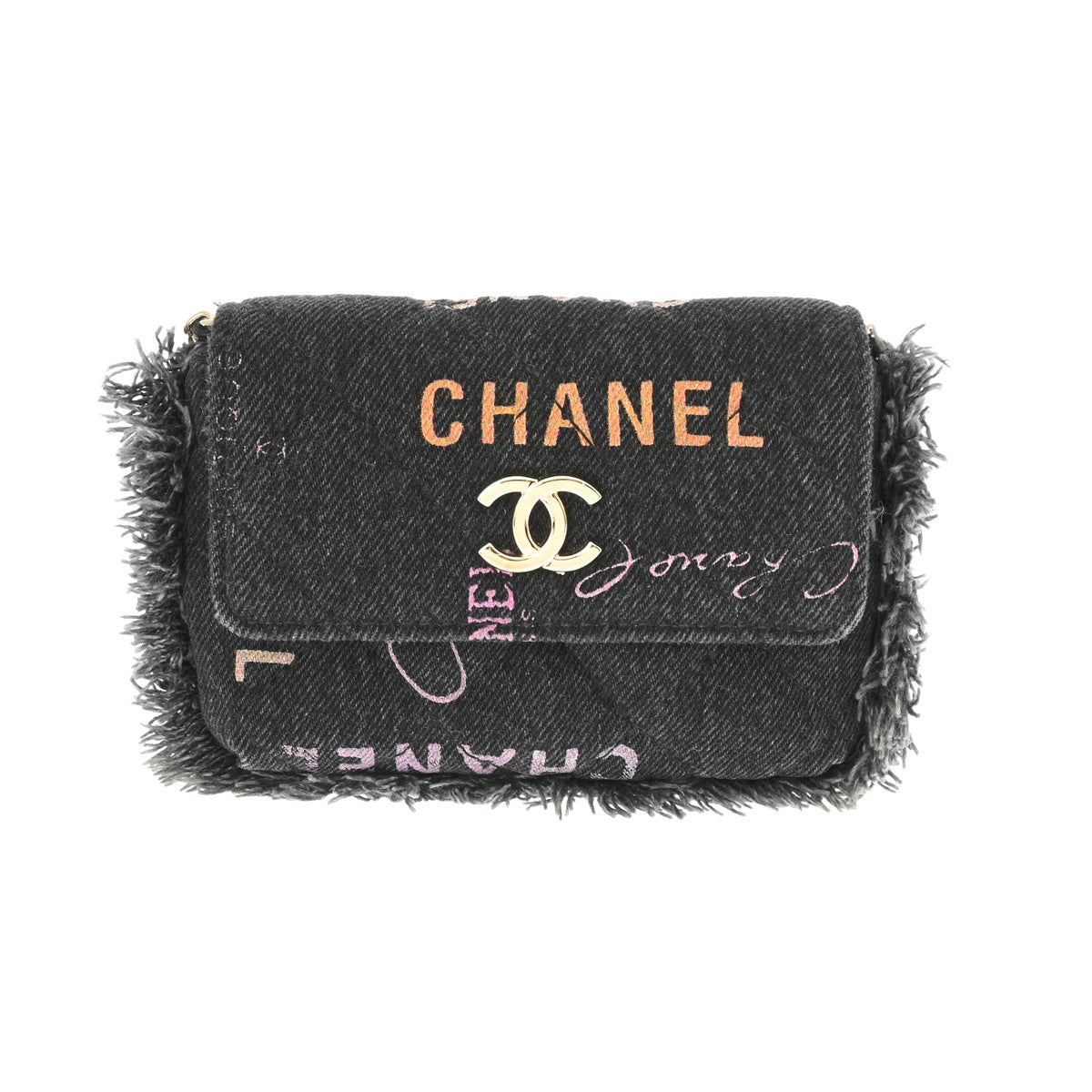 CHANEL シャネル ミニチェーンポシェット ブラック シャンパンゴールド金具 レディース デニム ショルダーバッグ Aランク 中古 