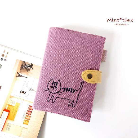 ねこ*ほぼ日手帳カバー(オリジナル用)留め具 ペンホルダー 文庫本A6 布 ヴィンテージ帆布2024*パープルピンク