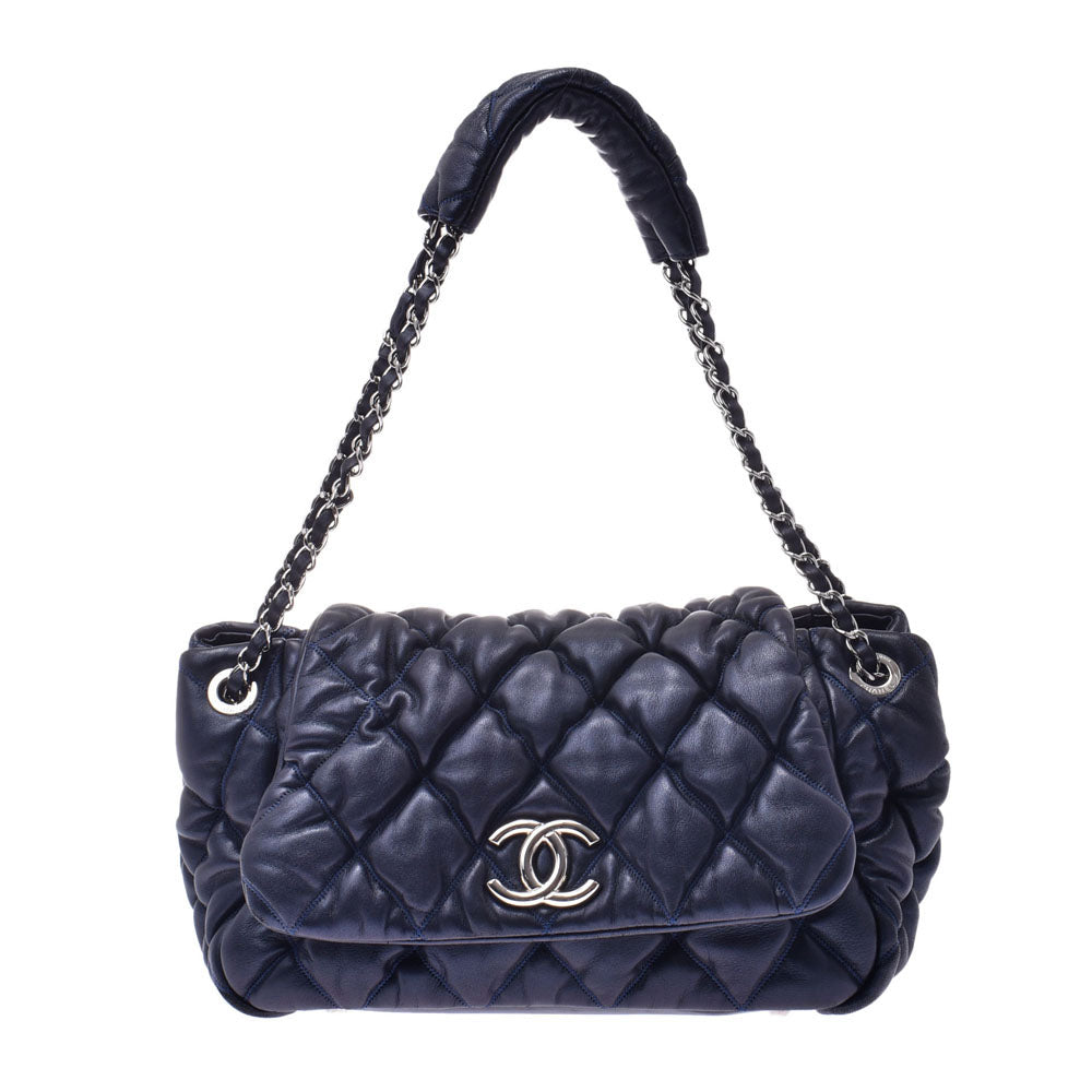 CHANEL シャネルバブルキルト チェーンショルダーバッグ  ネイビー シルバー金具 レディース ラムスキン ショルダーバッグ  中古