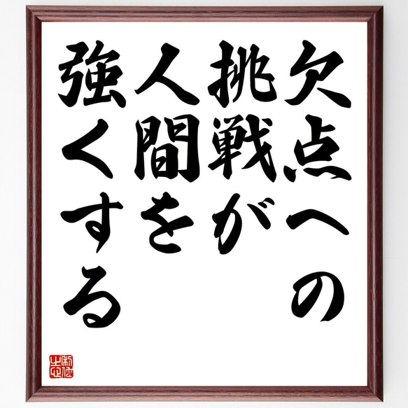 名言「欠点への挑戦が人間を強くする」額付き書道色紙／受注後直筆（Z9801）