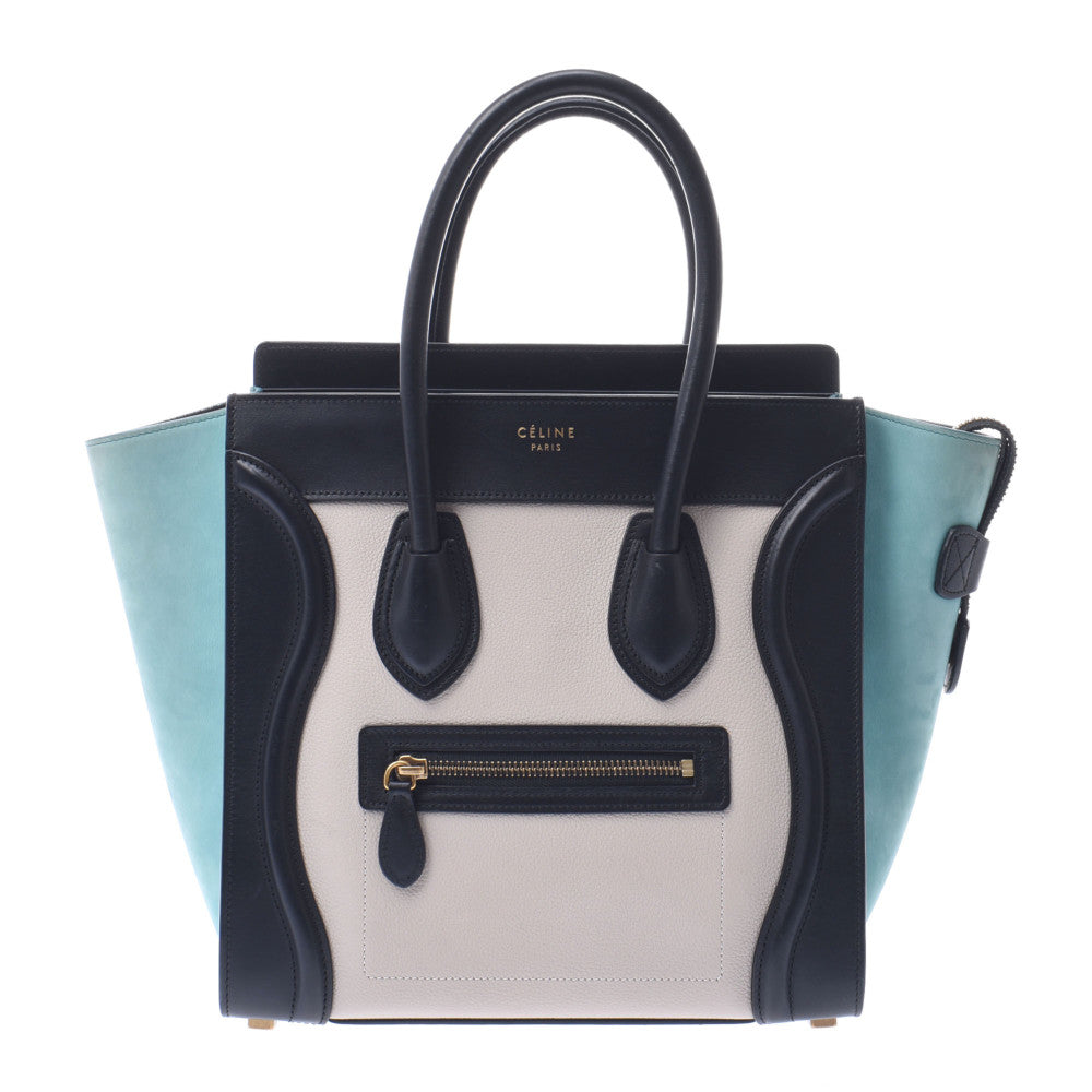 CELINE セリーヌ ラゲージ マイクロショッパー 黒/グレー/水色 レディース レザー ハンドバッグ ABランク 中古 