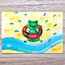 ????透明水彩画「カエルくんの水遊び」水彩画イラストポストカード２枚セット かえる　メッセージカード　暑中見舞い????