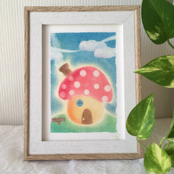 【絵画】きのこのおうちへようこそ！《ポストカード+おまけ付》 自然　きのこ　秋　癒し　ヒーリング パステルアート