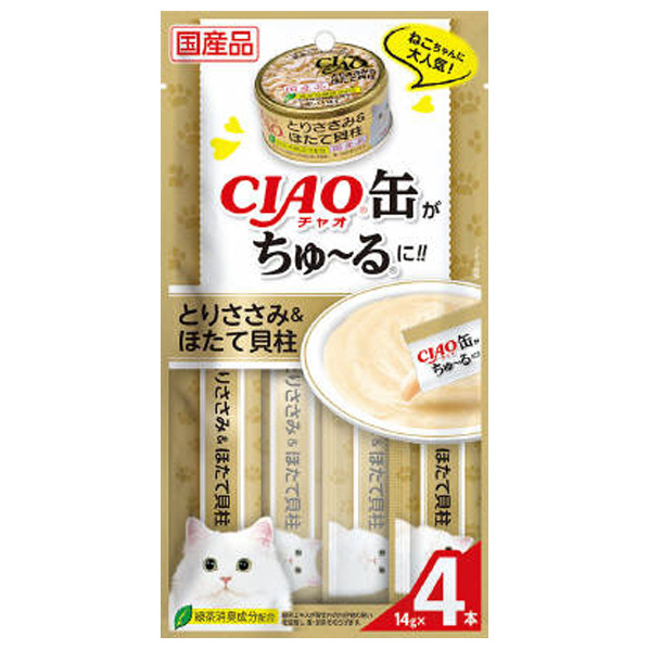 いなばペットフード CIAO缶ちゅ～る とりささみ&ほたて貝柱 14g×4本 ﾁﾔｵｶﾝﾁﾕ-ﾙｻｻﾐﾎﾀﾃ14GX4