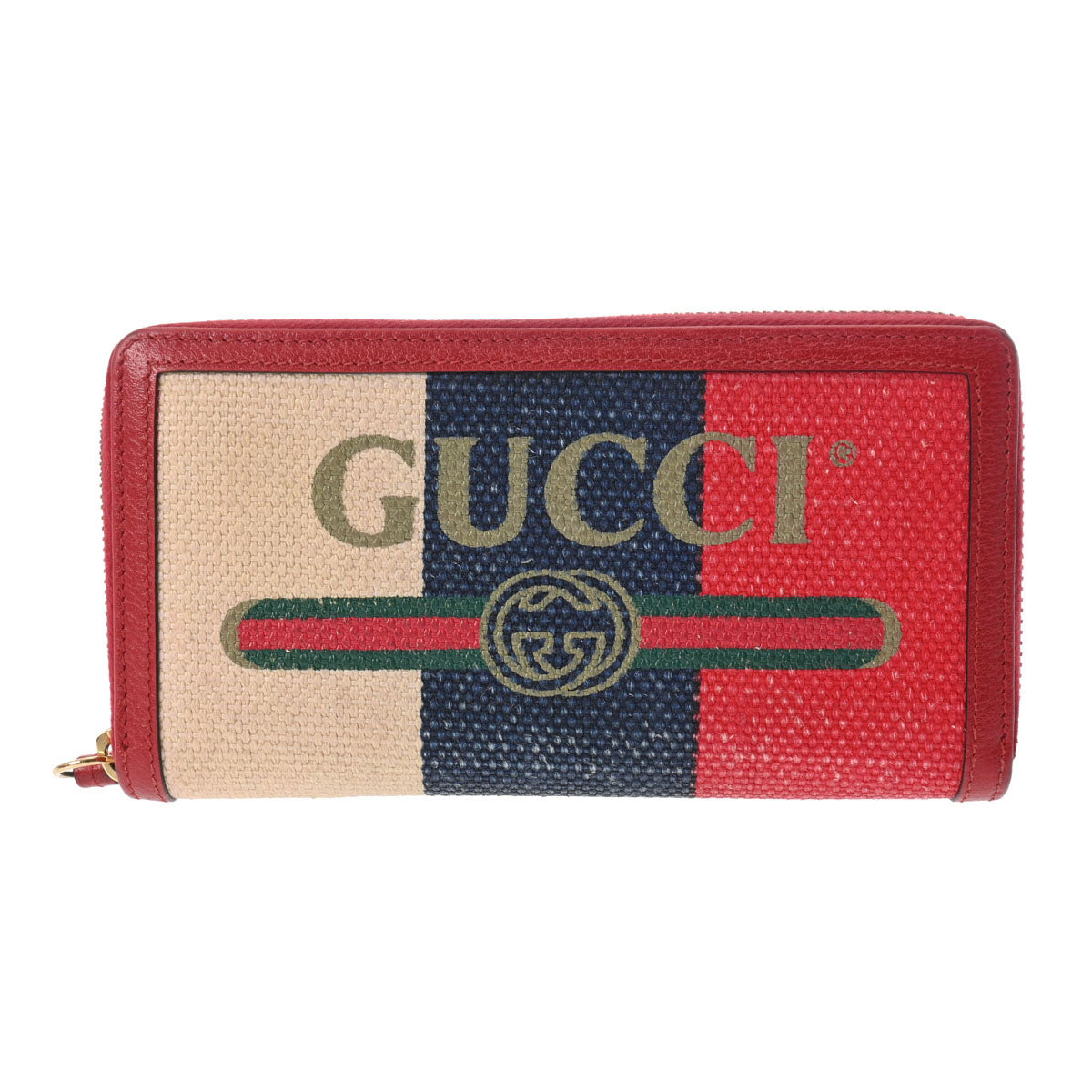 GUCCI グッチ ラウンドファスナー財布　トリコロール 赤 ゴールド金具 524790 ユニセックス キャンバス/レザー 長財布 ABランク 中古 