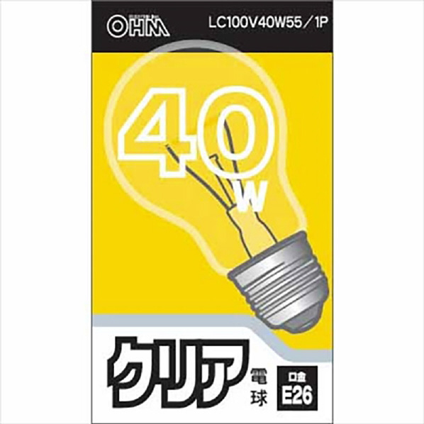 オーム電機 白熱電球 E26口金 全光束460lm(40W クリア電球タイプ) 電球色相当 LC100V40W55/1P