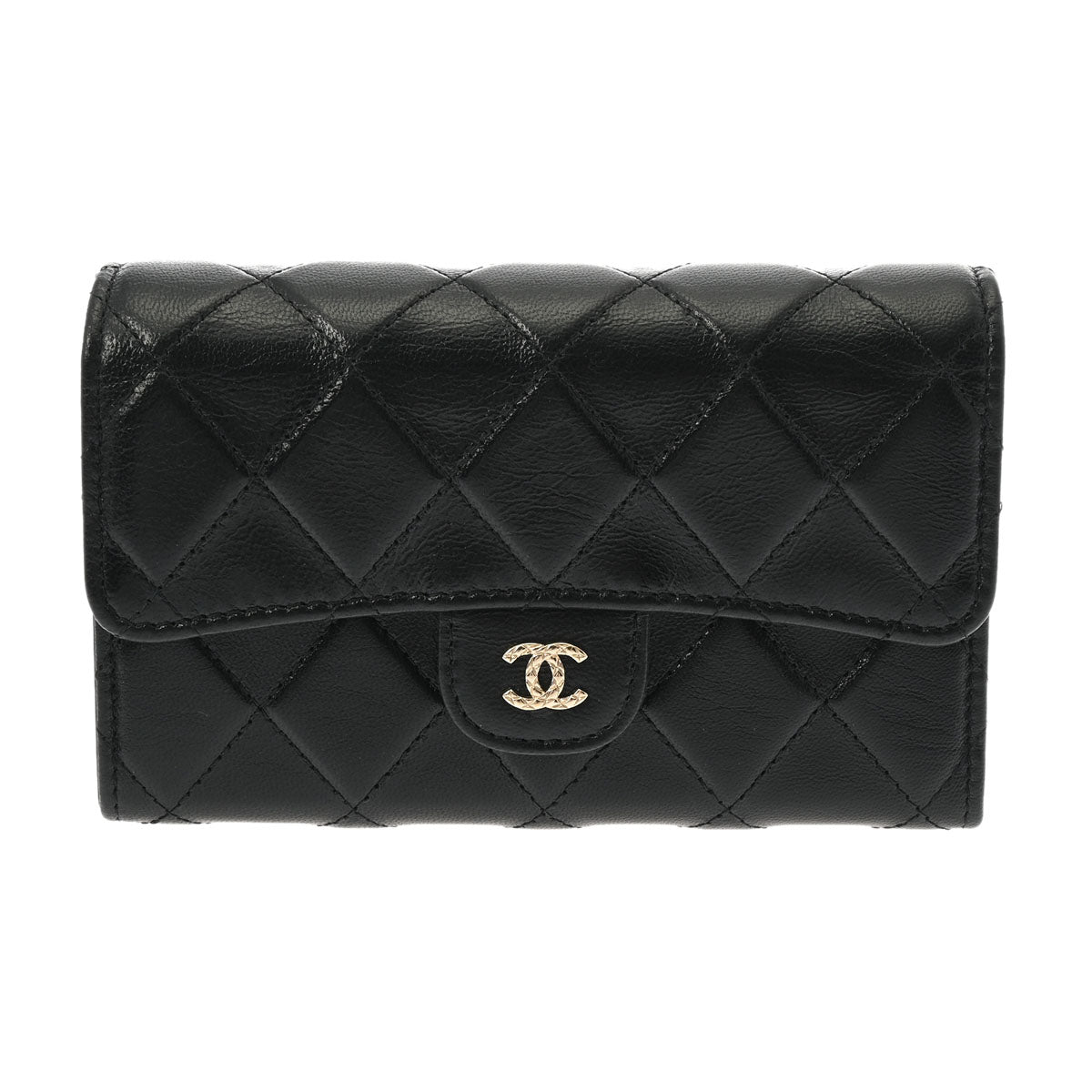 CHANEL シャネル マトラッセ ブラック シャンパンゴールド金具 AP0232 レディース カーフ 三つ折り財布 Aランク 中古 