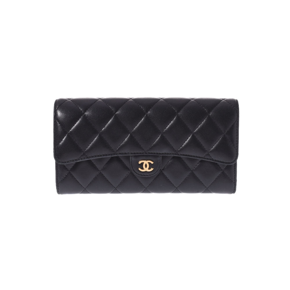 CHANEL シャネル マトラッセ 二ツ折り 黒 ゴールド金具 A80758 レディース ラムスキン 長財布 Bランク 中古 