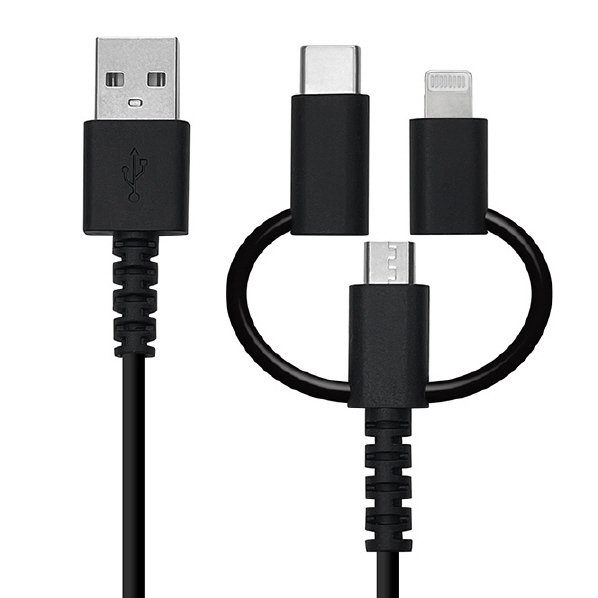 ラスタバナナ MFIライトニング/Type-C変換付 microUSB充電通信ケーブル 3A 1．0m ブラック R10CAAMLC3A01BK