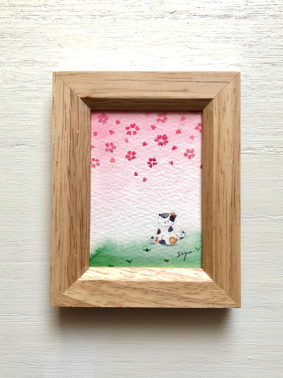 透明水彩画「猫ちゃんのお花見」イラスト　ミニ額　桜　さくら　ネコ　ねこ　春　プチギフト  入園入学