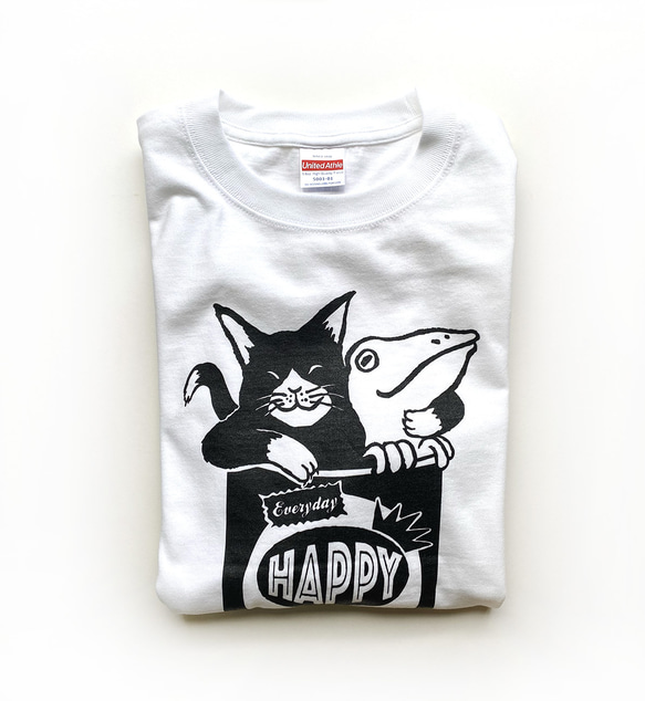 猫とカエルのTシャツ（ホワイト）男女兼用