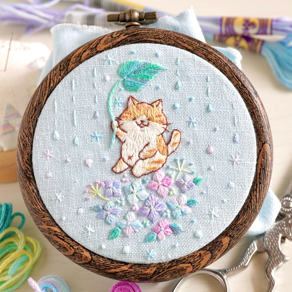 【刺繍キット】猫と紫陽花刺繍キット