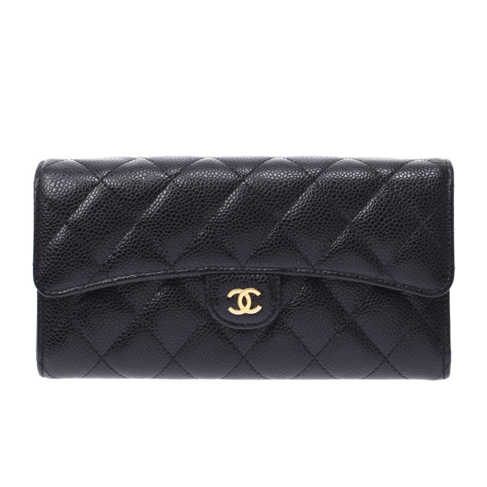 CHANEL シャネル マトラッセ 黒 ゴールド金具 レディース キャビアスキン 長財布 ABランク 中古 