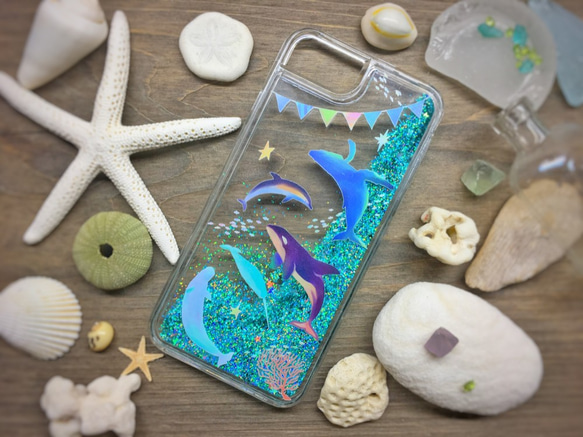 海の生き物　グリッターケース　iphone　イルカ/クジラ/シャチ