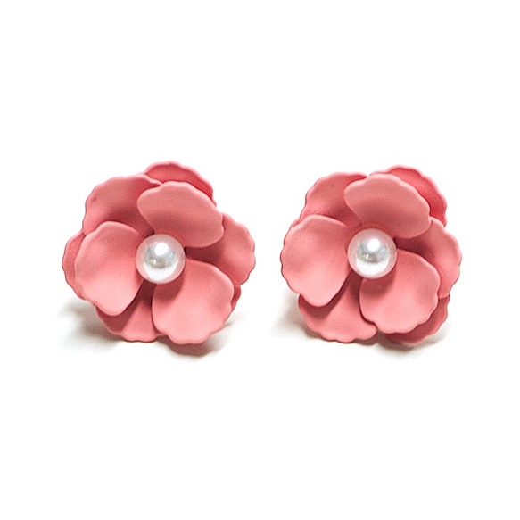 SALE【1ペア】Anemoneビンテージピンクカラーパール付き花チタン芯ピアス